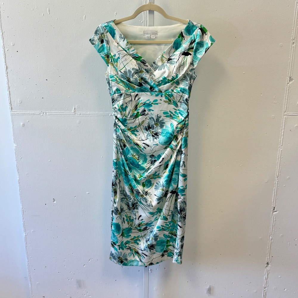 London Times Teal Green Floral Ruched Sheath Satin Midi Dress Size 4 Cap Sleeve